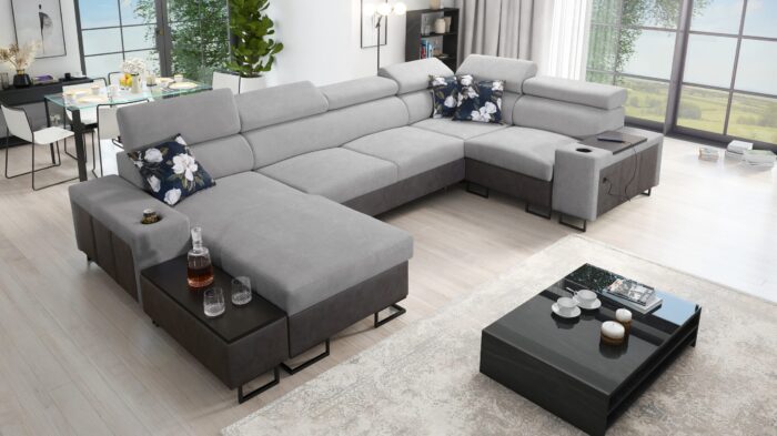 Großes Ecksofa für das Wohnzimmer mit Bar und Schlaffunktion MELODY IV MAXI