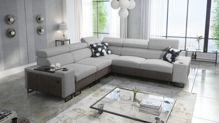 L-förmiges Ecksofa mit Schlaffunktion MELODY III, modern, luxuriös, mit Bar