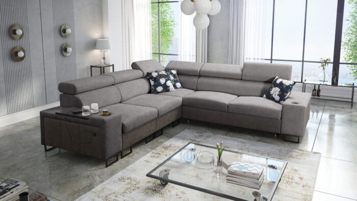 L-förmiges Ecksofa mit Schlaffunktion MELODY III, modern, luxuriös, mit Bar