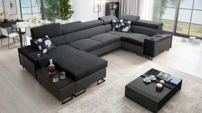 Großes Ecksofa für das Wohnzimmer mit Bar und Schlaffunktion MELODY IV MAXI