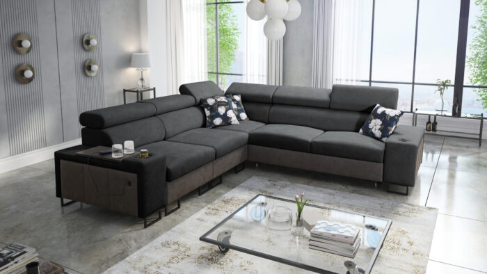 L-förmiges Ecksofa mit Schlaffunktion MELODY III, modern, luxuriös, mit Bar