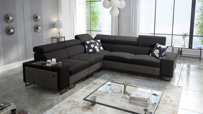 L-förmiges Ecksofa mit Schlaffunktion MELODY III, modern, luxuriös, mit Bar