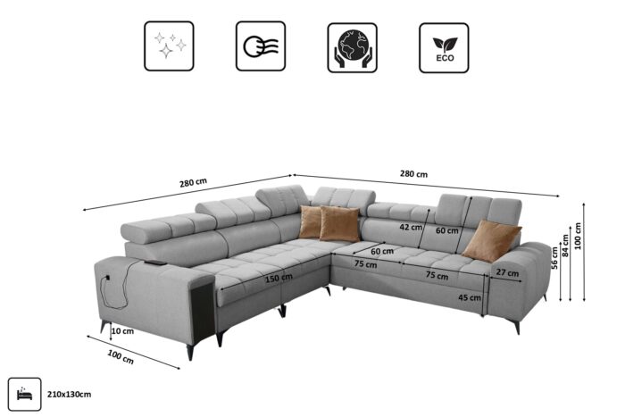 Designer-Ecksofa mit Schlaffunktion und Bar GRECO III