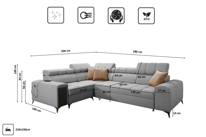 Elegantes Ecksofa mit modischer Steppung mit Schlaffunktion, Bar, USB GRECO II