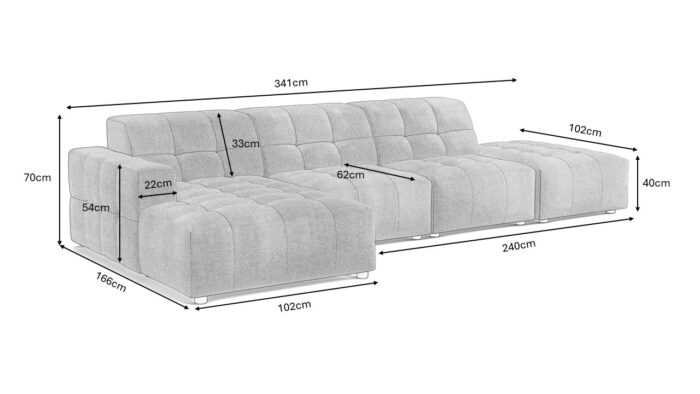 Das perfekte L-förmige Ecksofa Bergamo mit zusätzlicher Sitzfläche Stoff Megan und Bluvel