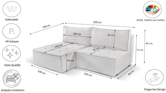 Bohoo Mini modernes Ecksofa mit Schlaffunktion