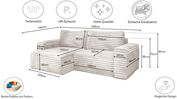 L-förmiges Bohoo-Ecksofa mit Schlaffunktion stoff Velo