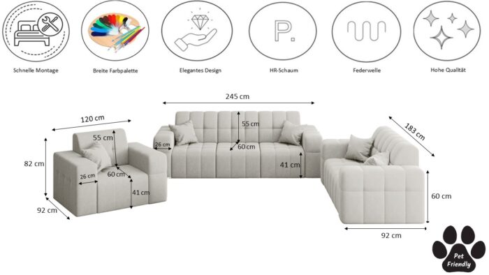 Wohnlandschaft NIMES - Sofagarnitur 3-2-1 , breite Farbpalette, Stoff Portland