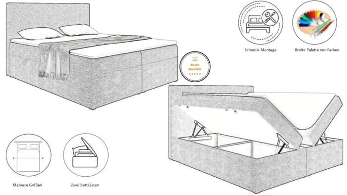 Boxspringbett mit matratze und bettkasten, Schlafbett LUDANO stoff Soro