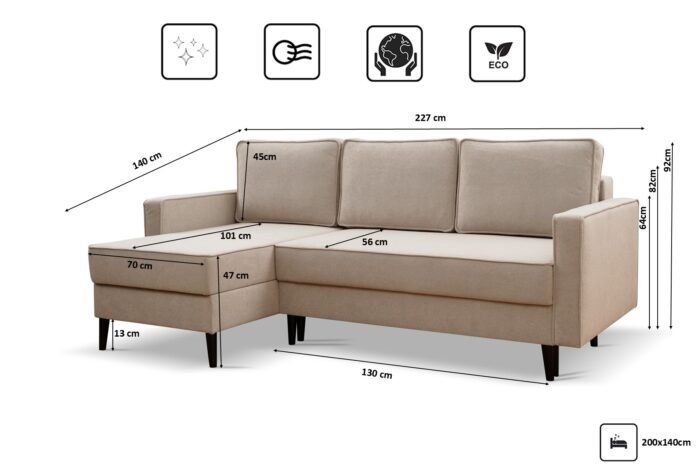 Ecksofa mit schlaffunktion und bettkasten, Ecksofa L-Form, Eckcouch L-Form KEBI stoff Curio