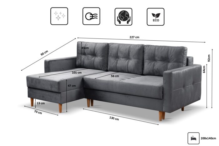 Ecksofa mit schlaffunktion und bettkasten, Ecksofa L-Form, Eckcouch L-Form Floro stoff Monolith