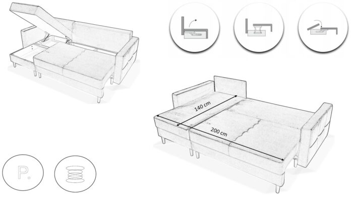 Ecksofa mit schlaffunktion und bettkasten, Ecksofa L-Form, Eckcouch L-Form KEBI stoff Curio