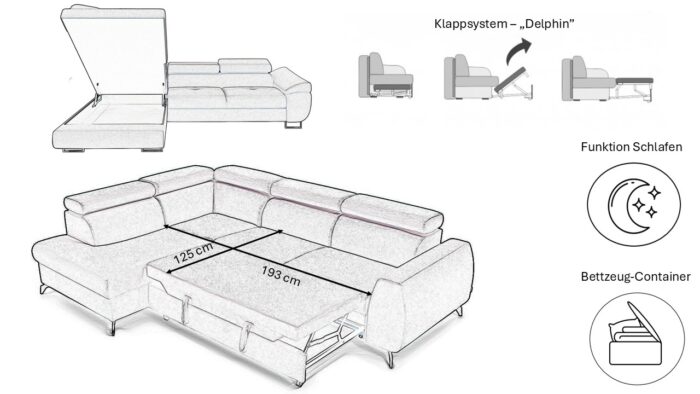 Ecksofa FALIO L mit Schlaffunktion im modernen Stil für das Wohn- und Schlafzimmer