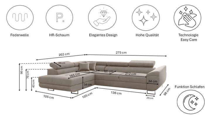 Ecksofa FALIO L mit Schlaffunktion im modernen Stil für das Wohn- und Schlafzimmer