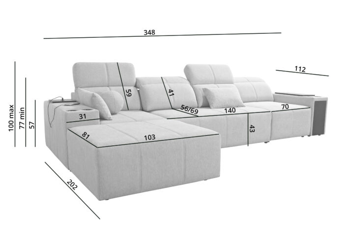Ecksofa mit Schlaffunktion, USB und verstellbarer Rückenlehne Mindy XII, Stoff Verita