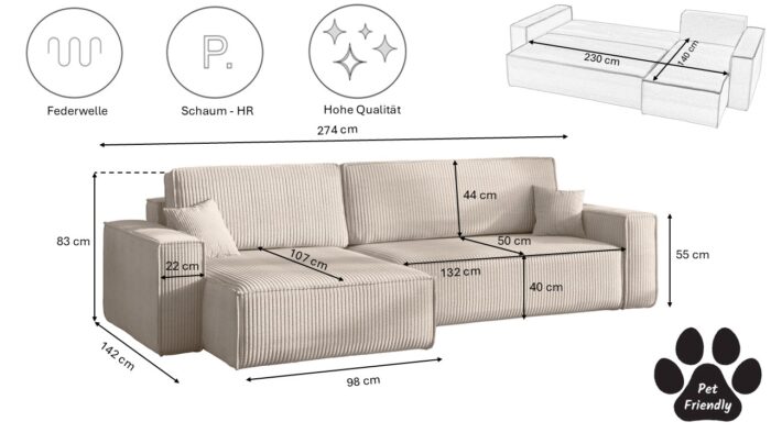 Ecksofa mit schlaffunktion und bettkasten, Eckcouch BEST XL stoff Poso Dicker Cord