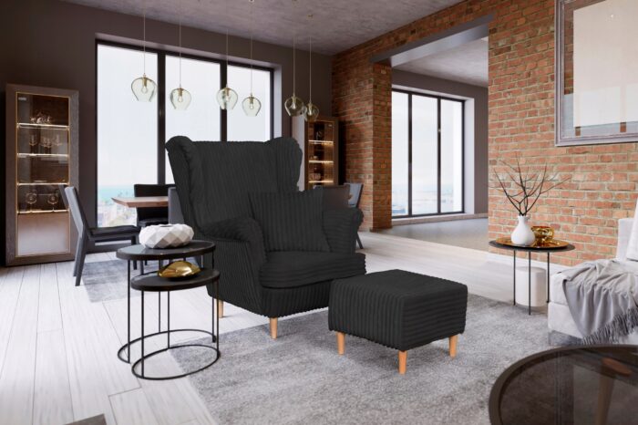 Rene Ohrensessel mit Fußhocker, skandinavischer Estella-Stoff