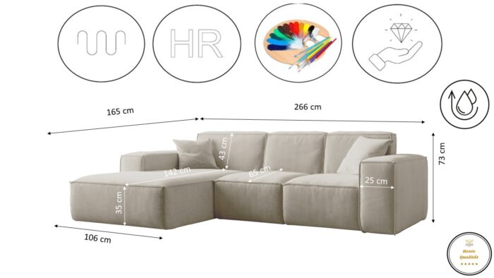 Ecksofa, Sofa L form, Couch L form Siena L stoff Salvador