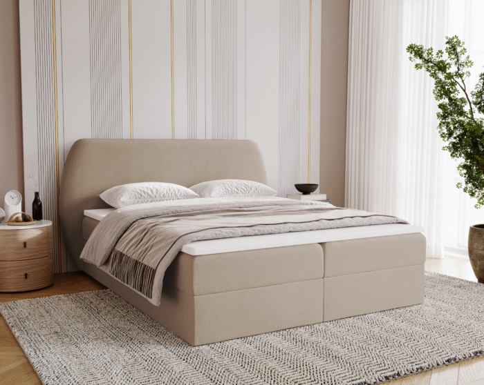 Schlafzimmerbett Bloom mit abgerundetem Kopfteil, Stoff Komodo