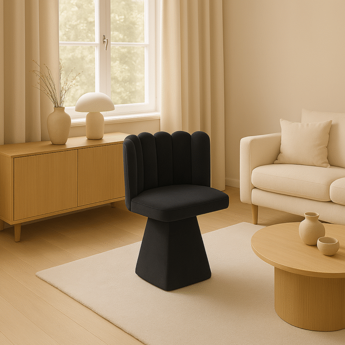 Stuhl Savio ist ein Möbelstück mit einer einzigartigen Form, stoff Riviera