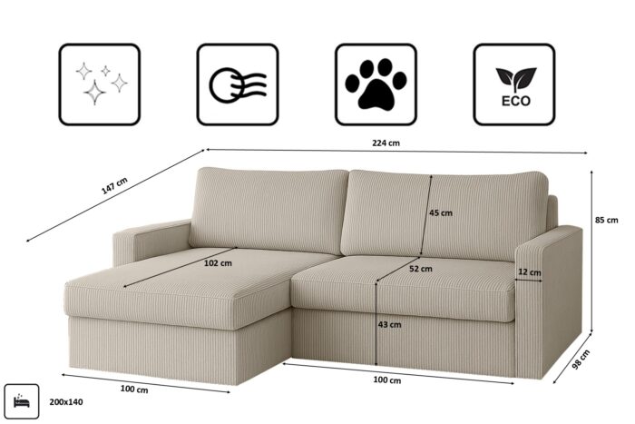 Ecksofa mit Schlaffunktion und Bettzeugablage LUBEKA, Stoff Poso