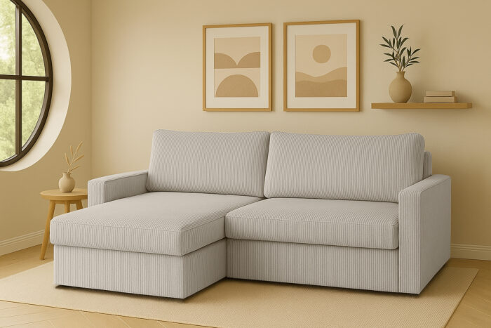 Ecksofa mit Schlaffunktion und Bettzeugablage LUBEKA, Stoff Poso