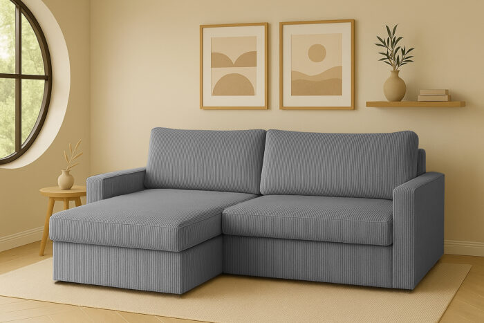 Ecksofa mit Schlaffunktion und Bettzeugablage LUBEKA, Stoff Poso