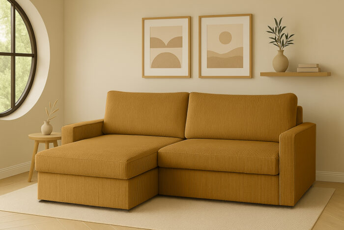 Ecksofa mit Schlaffunktion und Bettzeugablage LUBEKA, Stoff Poso