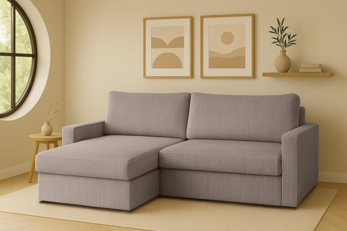 Ecksofa mit Schlaffunktion und Bettzeugablage LUBEKA, Stoff Poso