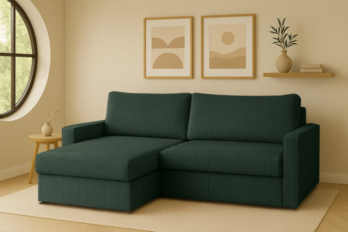 Ecksofa mit Schlaffunktion und Bettzeugablage LUBEKA, Stoff Poso