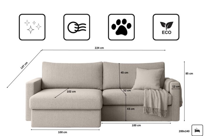 Ecksofa mit Schlaffunktion und Bettzeugablage LUBEKA, Stoff Faro
