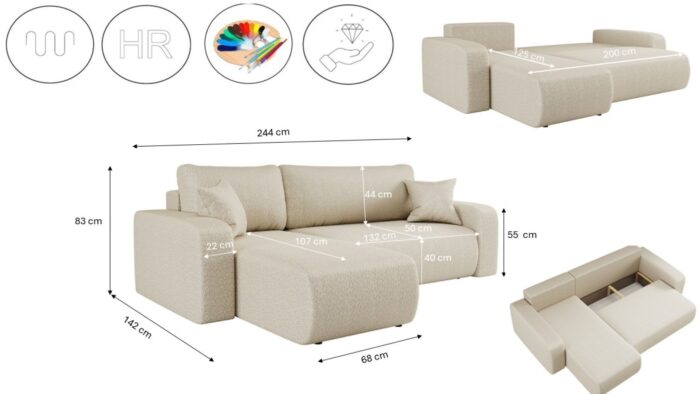 Ecksofa mit schlaffunktion und bettkasten, Eckcouch MILANO L stoff Quelle