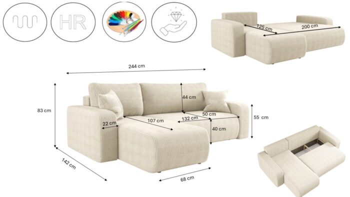 Ecksofa mit schlaffunktion und bettkasten, Eckcouch MILANO L stoff Poso Dicker Cord