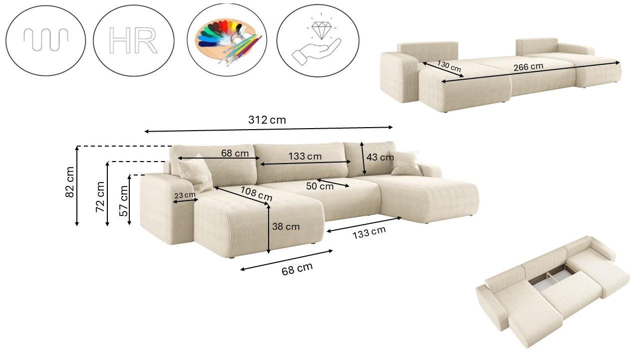 Ecksofa mit schlaffunktion und bettkasten, Sofa U-form, Couch U-form MILANO Dicker Cord – Bild 8