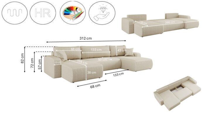 Sofa U-form, Couch U-form, Ecksofa mit schlaffunktion und bettkasten MILANO stoff Quelle