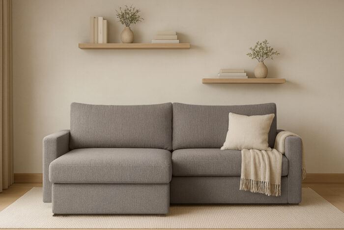 Ecksofa mit Schlaffunktion und Bettzeugablage LUBEKA, Stoff Faro