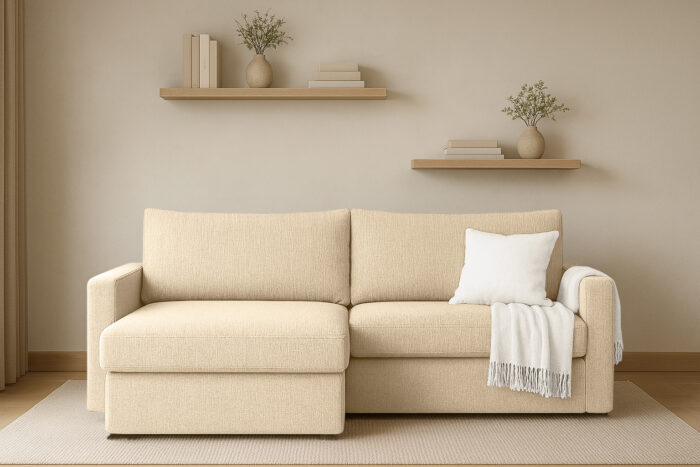 Ecksofa mit Schlaffunktion und Bettzeugablage LUBEKA, Stoff Faro