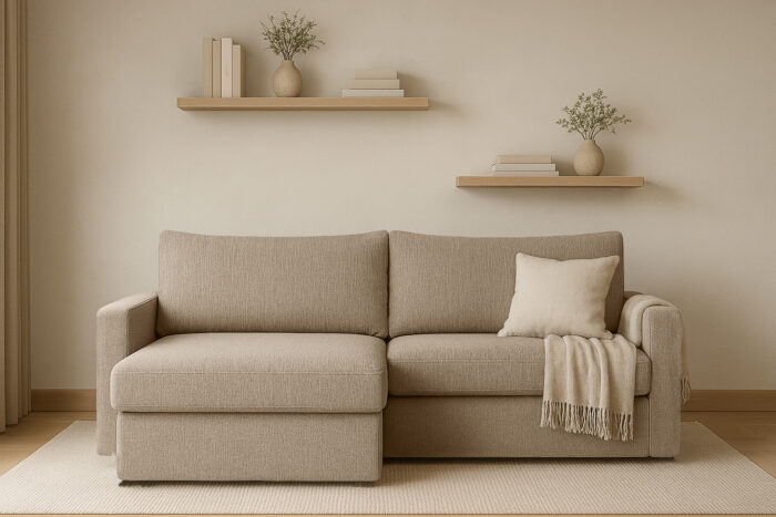 Ecksofa mit Schlaffunktion und Bettzeugablage LUBEKA, Stoff Faro