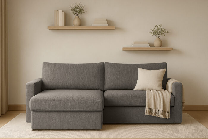 Ecksofa mit Schlaffunktion und Bettzeugablage LUBEKA, Stoff Faro