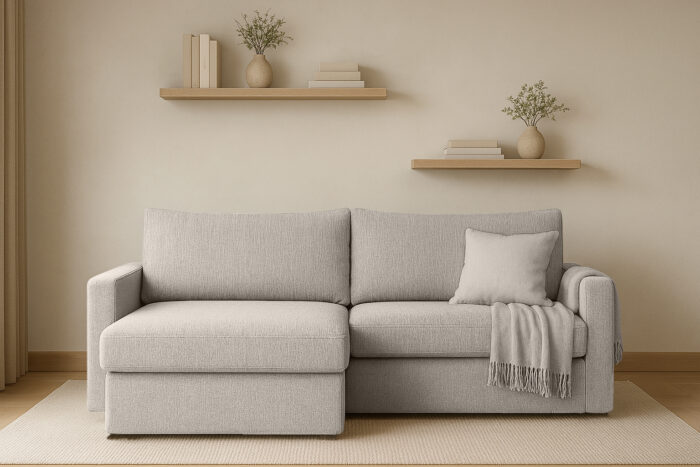 Ecksofa mit Schlaffunktion und Bettzeugablage LUBEKA, Stoff Faro