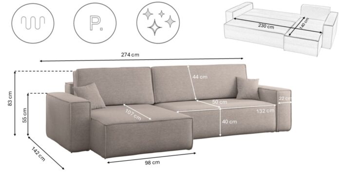 Ecksofa mit schlaffunktion und bettkasten, Eckcouch Best XL stoff Verita