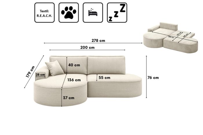 Ecksofa Modena Pro mit Schlaffunktion und Bettkasten stoff Poso