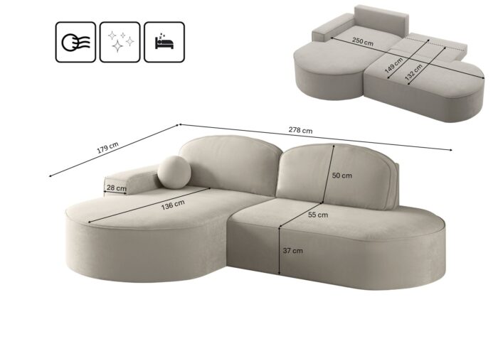 Ecksofa mit Schlaffunktion und Bettkasten Modena Runden stoff Salvador