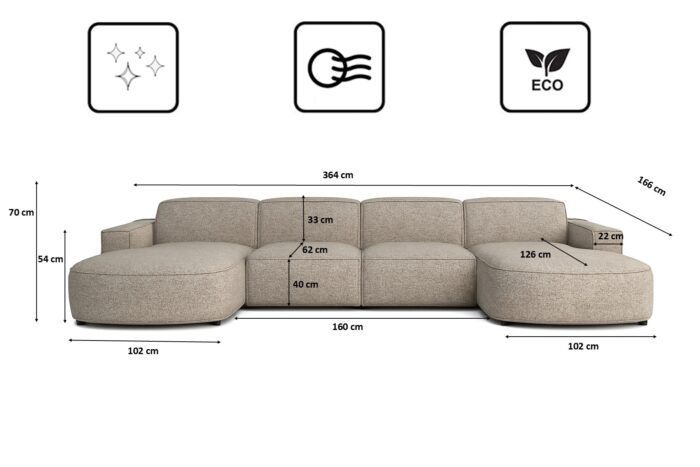 Ecksofa Cursal Round U-Form – großes modulares Sofa mit sanften Rundungen stoff Artico