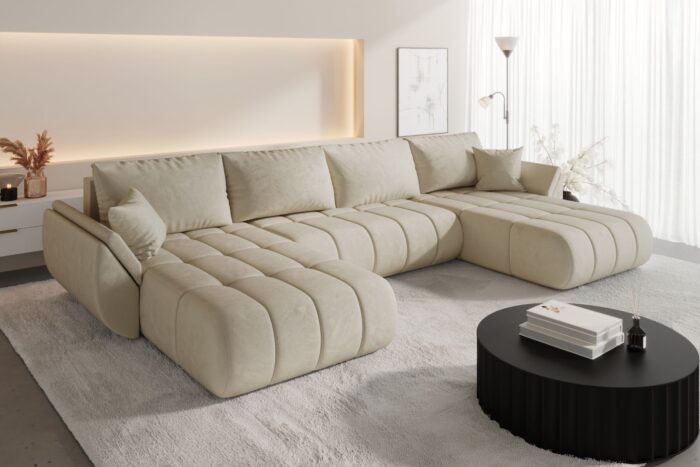 Ecksofa modernes U-Form Sofa mit Schlaffunktion und Bettkasten im Veloursstoff Monolith TOKYO U PREMIUM