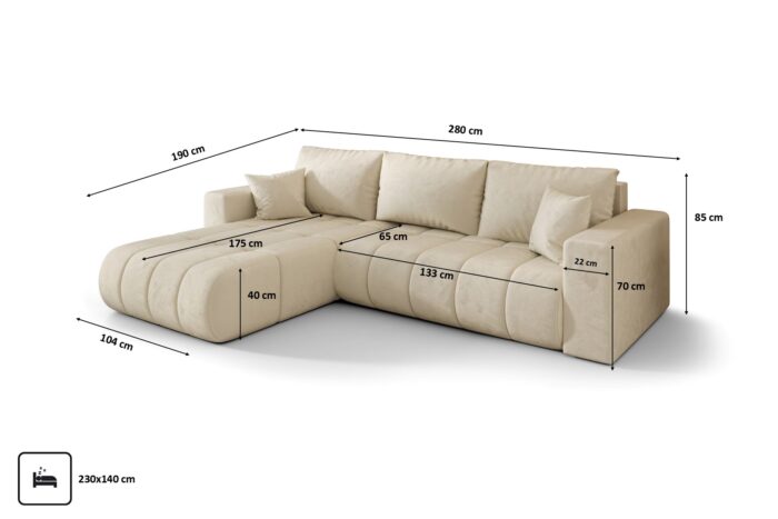 Sofa L-form modernes Ecksofa mit Schlaffunktion und Bettkasten im Veloursstoff Monolith MILO PREMIUM