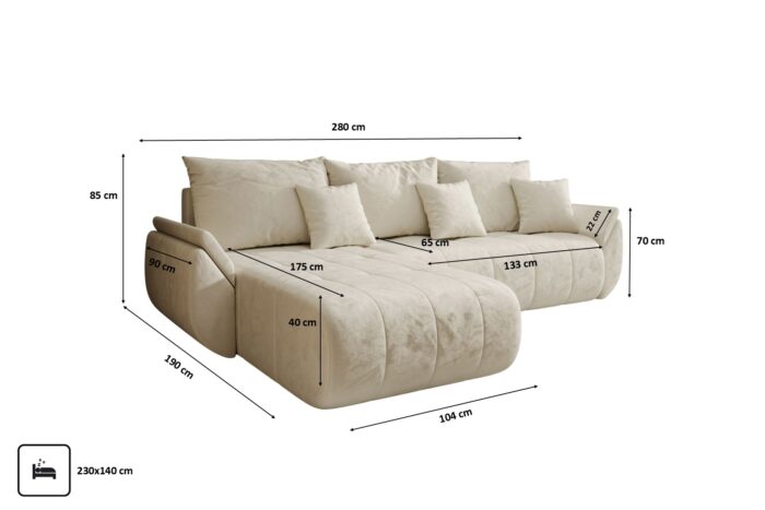 Sofa modernes Ecksofa mit Schlaffunktion und Bettkasten im Veloursstoff Monolith TOKYO