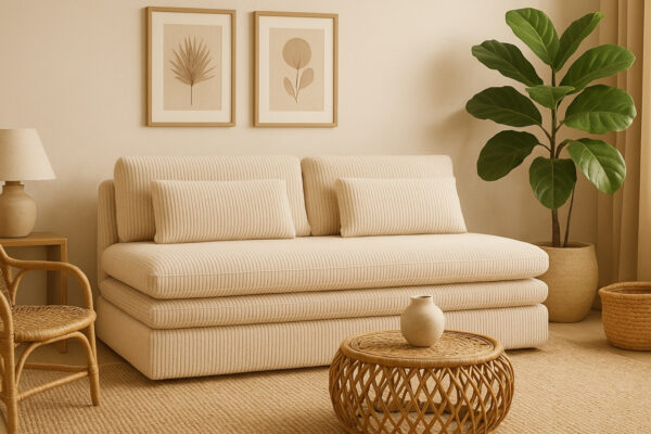 Schlafsofa aus Cord Stoff Poso Olia – Kompakt, Modern, Mit Bettkasten