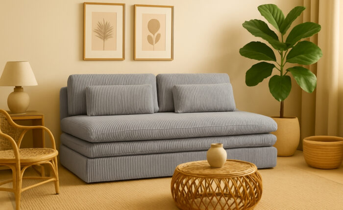 Schlafsofa aus Cord Stoff Poso Olia – Kompakt, Modern, Mit Bettkasten