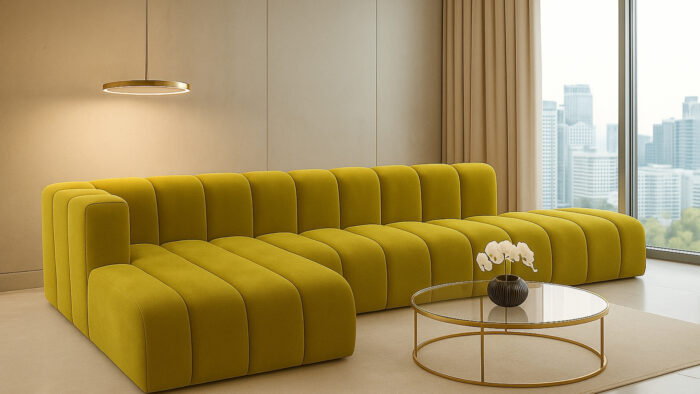 Luxus-Ecksofa, luxuriöses modulares Premium-Sofa im Veloursstoff Salvador GRAND L mit Hocker